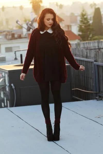 Black Collared Dress with Burgundy Cardigan