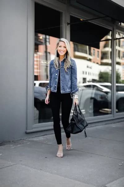 Blue Jacket with Black Top & Matching Skinny Jeans