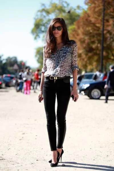 Leopard Print Blouse with Skinny Dress Pants & Ballet Heels