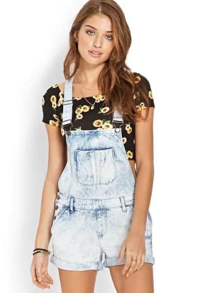 Light Blue Denim Overall Shorts with Black Floral Printed Cropped T Shirt