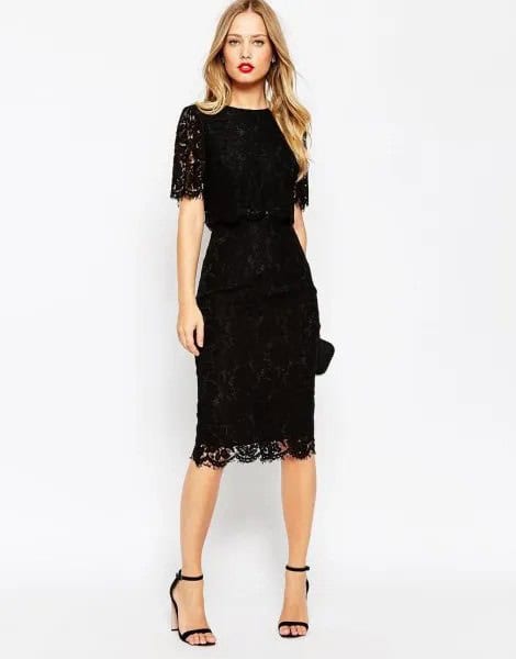 Lace Scalloped Hem Midi Bodycon Dress with Ankle Strap Open Toe Heels