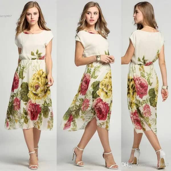 White and Yellow Floral Print Hawaiian Style Chiffon Midi Dress