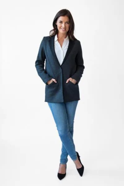 Navy Blue Sweater Blazer with White Shirt & Light Jeans