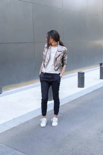 Silver Blazer with Black Cropped Jogger Jeans & White Sneakers