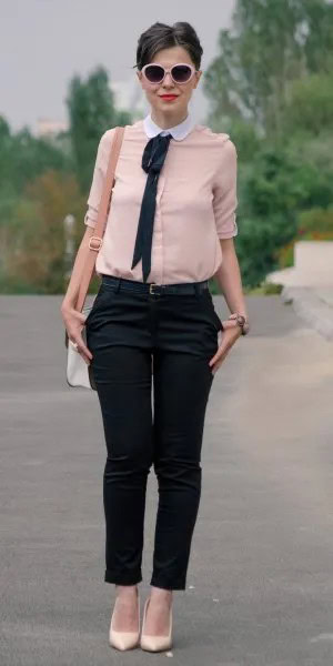 Pale Pink Round White Collar Blouse with Black Cropped Chinos