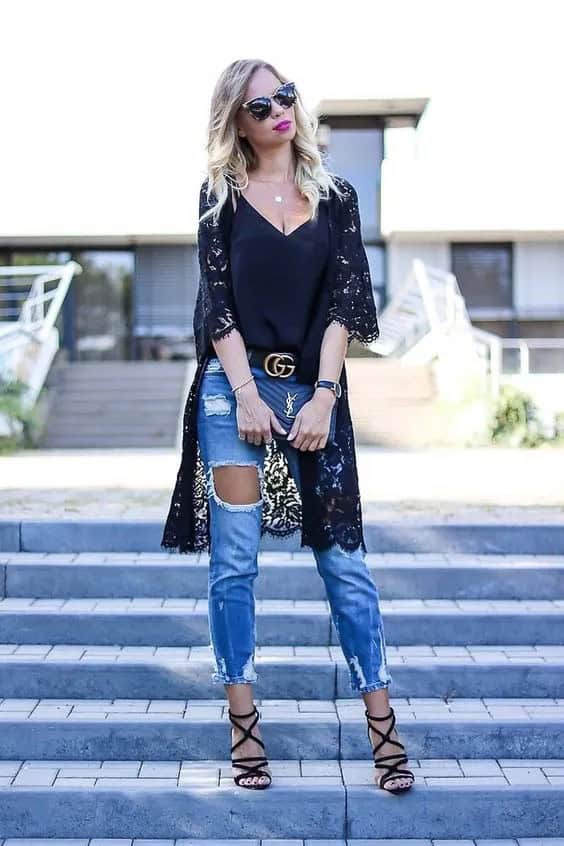 Ripped Jeans + Black Lace Kimono