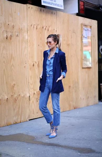 Chambray Button Up Shirt with Mom Jeans & Sky Blue Gladiator Flat Denim Shoes