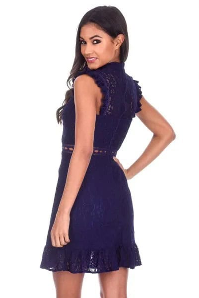 Ruffle Cap Sleeve Mock Neck Fit and Flare Lace Mini Dress