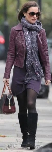 Leather Jacket with Purple Shift Dress & Scarf