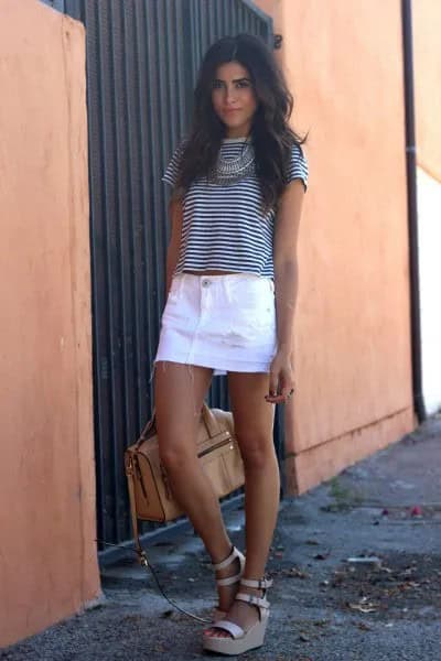 Black and White Striped T Shirt with White Denim Skirt