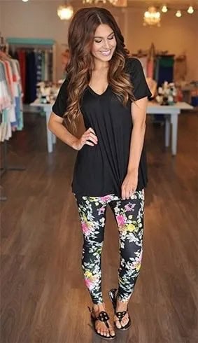 Black V Neck Tee with Floral Leggings & Sandals