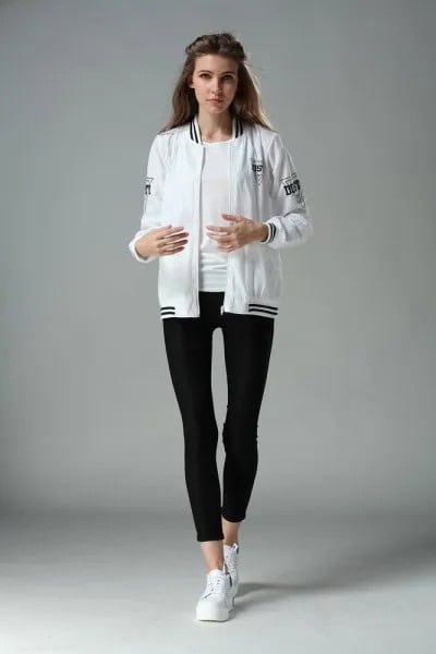 Bomber Jacket with Black Cropped Leggings & White Sneakers