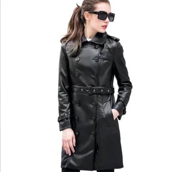 Black Buttoned Leather Belted Long Coat with Skinny Jeans