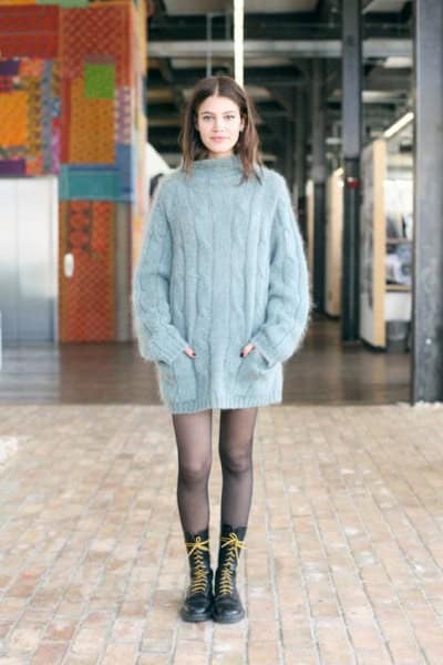 Mock Neck Big Cable Knit Sweater Dress with Stockings & Long Boots