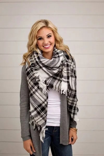 Black and White Plaid Blanket Scarf with Grey Ribbed Sweater Cardigan