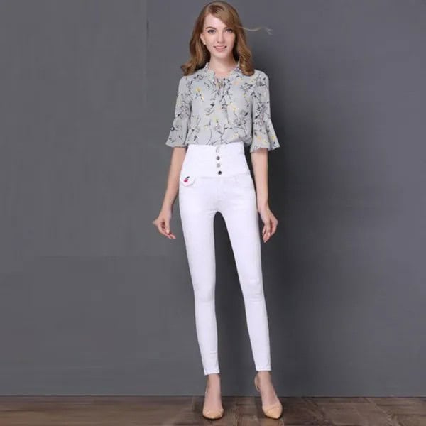 Blush Pink Printed Chiffon Bell Sleeve Blouse with White Button Front High Waisted Jeans