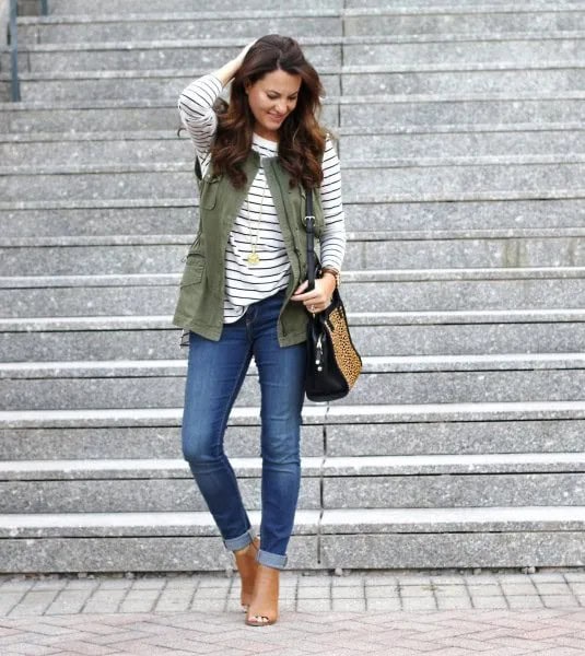 Black and White Striped Long Sleeve Tee with Military Vest & Skinny Jeans