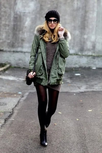 Grey Parka Jacket with Knit Sweater Dress