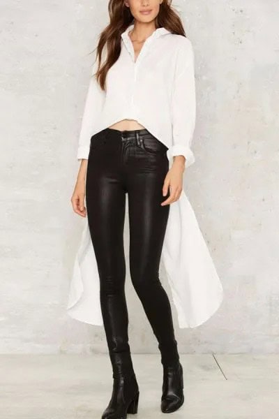 White Button Up High Low Shirt with Black Leather Leggings