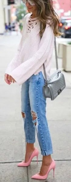 White Lace Up Neckline Long Sleeve Blouse with Boyfriend Jeans & Light Pink Heels