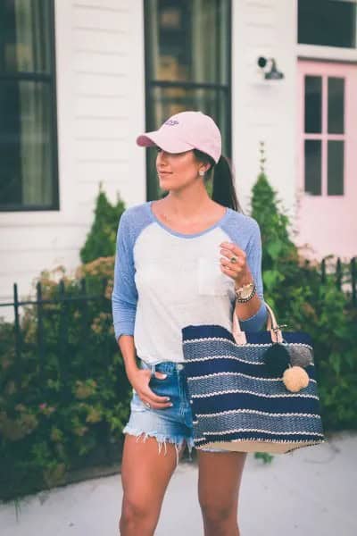 Grey Baseball T Shirt with Denim Shorts & Cap