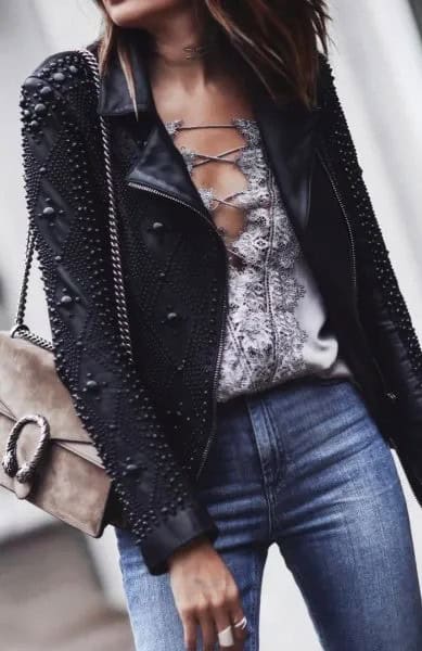 Leather Jacket with Black Studs & Blue Jeans