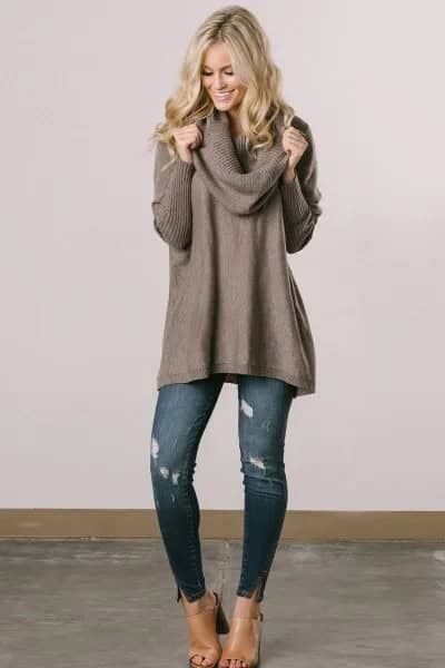 Grey Cowl Neck Ribbed Sweater Dress with Blue Ripped Skinny Jeans