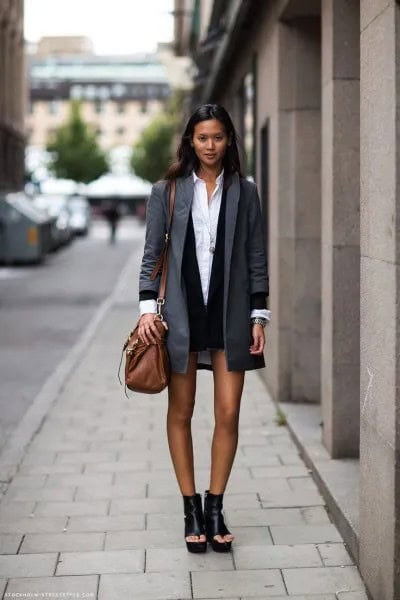 Grey Long Blazer with Black Vest Dress