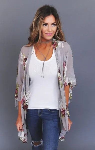 Grey Floral Printed Half Sleeve Chiffon Cardigan with White Tank Top