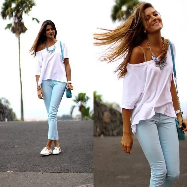 White One Shoulder Short Sleeve Sweater with Light Blue Cuffed Pants