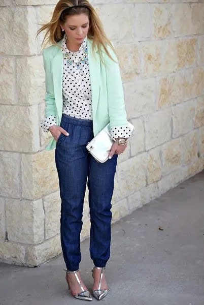 White Blazer with Polka Dot Shirt & Blue Jeans