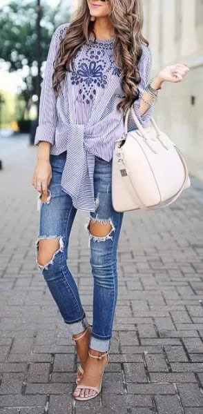 Blue and White Striped Tie Front Cute Blouse with Cuffed Ripped Knee Jeans