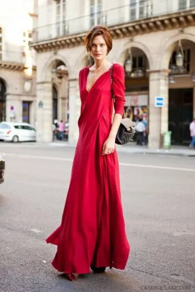 Red Three Quarter Sleeve Low Cut Floor Length Wrap Dress