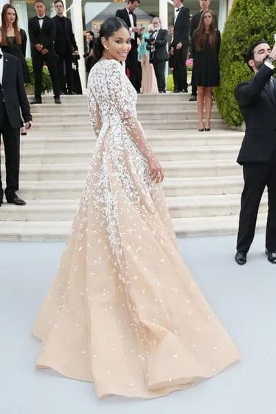 White and Pale Pink Floral Embroidered Evening Gown