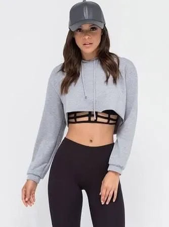 Grey Cropped Hoodie with Black Bralette & Running Tights