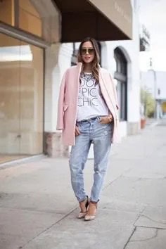 Pink Wool Coat with White Print Tee & Boyfriend Jeans