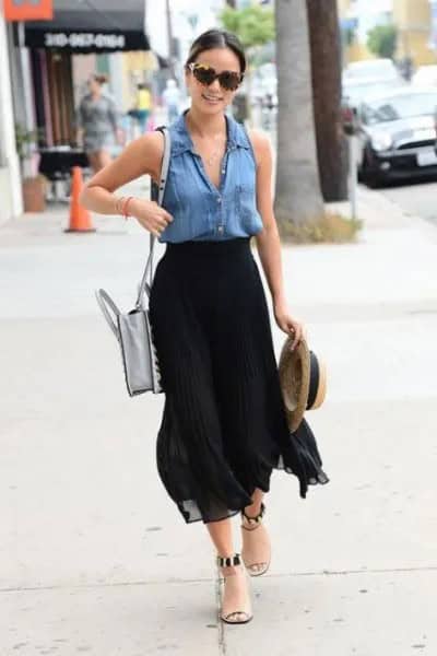 Chiffon Midi Skirt with Blue Denim Vest