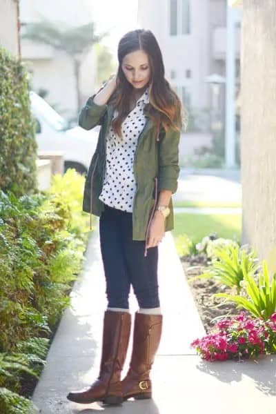 Brown Jacket with White and Black Polka Dot Polo Shirt