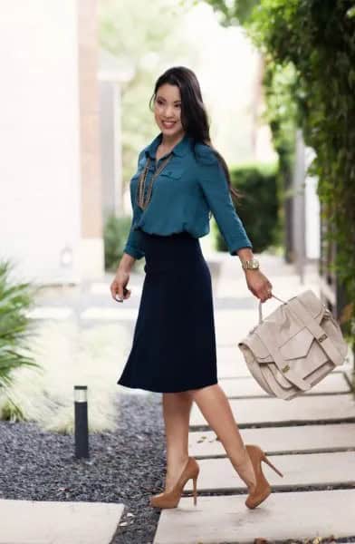 Teal Button Up Chiffon Shirt with Black Midi Skirt