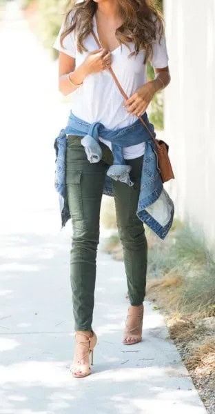 White T Shirt with Denim Jacket & Pale Pink Strappy Heels