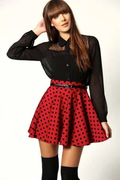 Red Skater Skirt with Thigh High Boots