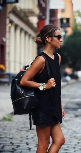 Black Mini Shift Dress with Leather Backpack