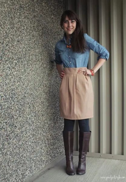 Light Blue Chambray Shirt with Pink High Waisted Knee Length Skirt