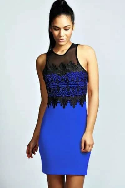 Royal Blue and Black Sleeveless Dress with Black Heels