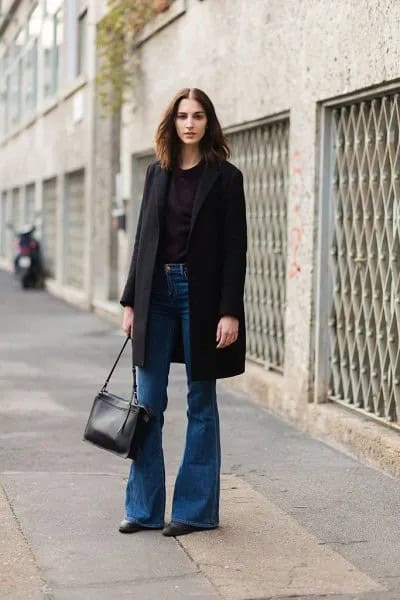 Blue Flared Jeans with Black Long Wool Coat