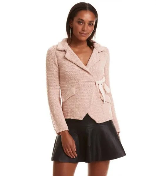 Pale Pink Knit Jacket with Black Mini Skater Leather Skirt