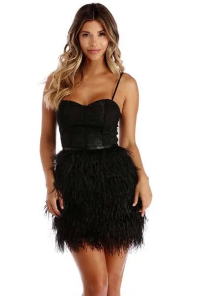 Black Spaghetti Strap Sweetheart Belted Feather Dress