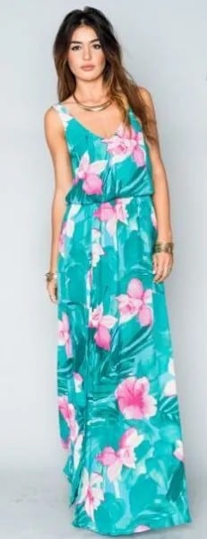 Teal Blue and White Sleeveless Scoop Neck Maxi Hawaiian Print Dress