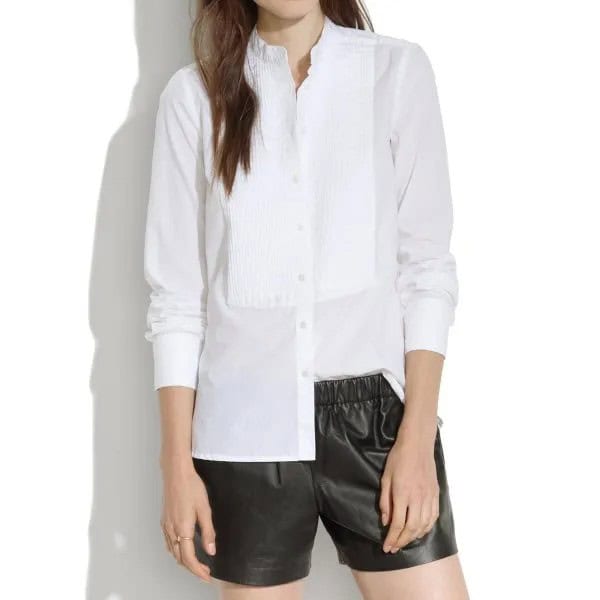 White Shirt with Black Leather Mini Shorts