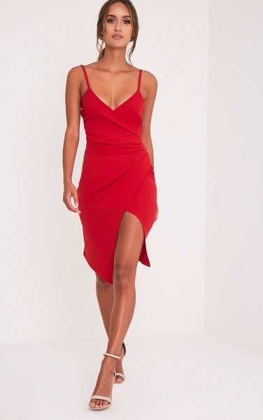 Red Spaghetti Strap Deep V Neck Wrap Dress